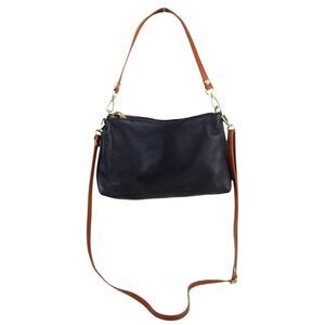 Valentina BLACK REAL LEATHER BROWN HANDLES SHOULDER BAG X-BODY SATCHEL HANDBAG